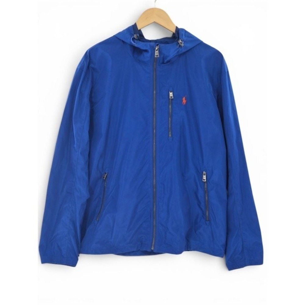Polo Ralph Lauren Men's Cobalt Blue Hooded Jacket L Red Pony‎ Zippered Pockets